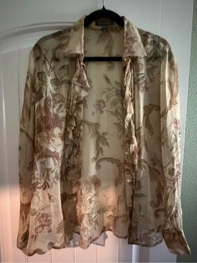 Lauren by Ralph Lauren Cream Botanical Ruffle-Front Silk Blouse L